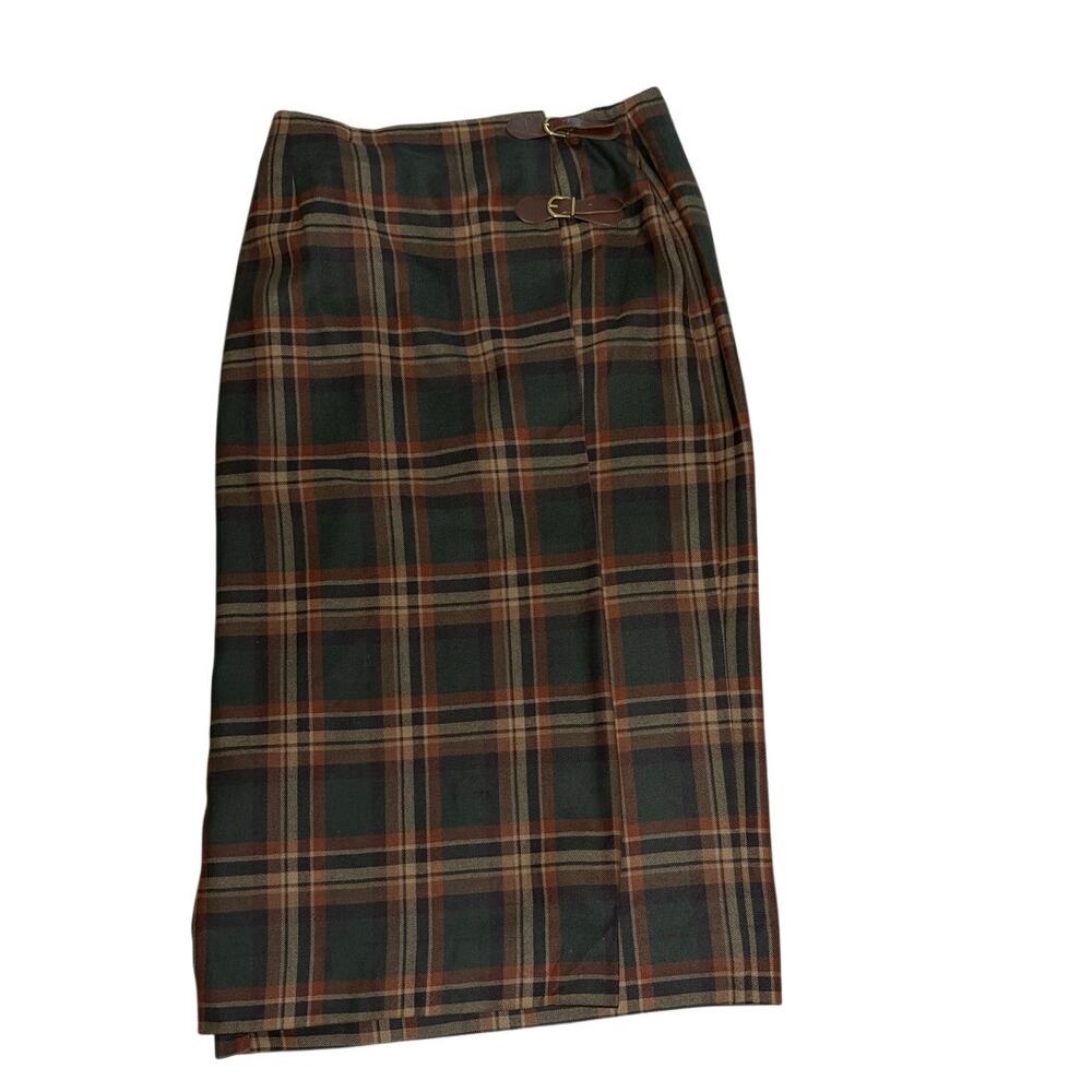 Vintage Lauren Ralph Lauren Plaid Wool Wrap Midi Skirt Leather Buckle 12 FLAW - Picture 2 of 8